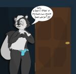  anthro begging blush bodily_fluids bulge clothed clothing cute_expression digital_media_(artwork) embarrassed fluffy fluffy_tail fur hi_res male mammal mephitid night phant0mhat pillow skunk solo sweat tight_clothing underwear 