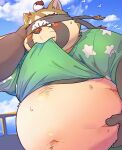  2022 anthro belly big_belly blush bodily_fluids brown_body brown_fur canid canine clothed clothing clothing_lift cloud fur hi_res kemono kisort lifewonders live-a-hero male mammal navel one_eye_closed outside overweight overweight_male raccoon_dog shirt shirt_lift shoen solo sweat tanuki topwear video_games 