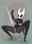  anthro arthropod black_body black_nipples blue_pussy bodily_fluids breasts clone26 crouching exoskeleton female genital_fluids genitals glistening glistening_body grinding hi_res hollow_knight hornet_(hollow_knight) improvised_sex_toy mask masturbation melee_weapon nipples nude pussy pussy_juice solo spread_legs spreading sword team_cherry vaginal vaginal_masturbation video_games weapon 