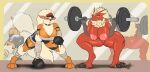  absurd_res anthro arcanine barbell blaziken bodily_fluids breasts cleavage clothed clothing crouching dumbbell duo exercise food fruit genitals hi_res nintendo nut_(fruit) plant pok&eacute;mon pok&eacute;mon_(species) pussy seii3 sweat video_games weightlifting weights workout 