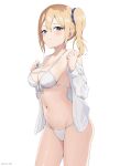  1girl bikini blonde_hair blue_eyes blue_nails blue_scrunchie blush breasts cleavage closed_mouth coro_fae hayasaka_ai highres kaguya-sama_wa_kokurasetai_~tensai-tachi_no_renai_zunousen~ long_hair looking_at_viewer medium_breasts navel off_shoulder scrunchie shirt side_ponytail simple_background stomach strap_gap swimsuit white_background white_bikini white_shirt 