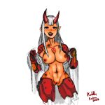 1girl bottomless breasts cyborg day_of_wrath day_of_wrath_(doom_fanfic) demon demon_girl demon_horns doom_(series) evil evil_eyes evil_smile highres horns infinitypilot kuddly_kraken large_breasts long_hair looking_at_viewer mechanical_parts muscular muscular_female navel nipples non-web_source nude pussy red_eyes seductive_smile signature simple_background smile solo tongue tongue_out topless white_background white_hair zeta_(day_of_wrath) zeta_(doom) zoe_thompson 