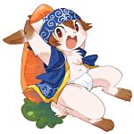  1:1 2015 anthro asian_clothing brown_eyes brown_hair carrot chest_tuft clothing dipstick_ears east_asian_clothing food fundoshi fur gloves_(marking) hair japanese_clothing kemono lagomorph leg_markings leporid low_res mabo_(artist) male mammal markings multicolored_ears navel one_tooth open_mouth plant rabbit robe socks_(marking) solo tuft underwear vegetable white_body white_fur x_navel 