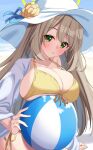  1girl ball beachball bikini blue_archive breast_rest breasts brown_hair cleavage green_eyes halo hat highres large_breasts long_hair nonomi_(blue_archive) nonomi_(swimsuit)_(blue_archive) side-tie_bikini solo sun_hat swimsuit syurimp yellow_bikini 