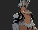  10mo 1girl bangs bare_shoulders beltbra blush breasts coat commentary_request dark-skinned_female dark_skin from_side grey_background guilty_gear guilty_gear_strive hat long_sleeves looking_at_viewer medium_breasts midriff off_shoulder parted_lips ramlethal_valentine shiny shiny_hair shiny_skin short_hair short_shorts shorts sideboob simple_background solo white_hair white_shorts yellow_eyes 