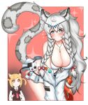  2girls absurdres ahoge animal_ear_fluff animal_ears arknights bikini black_vest blonde_hair blush border braid breast_envy breasts cleavage collared_shirt cosplay cowboy_shot crying crying_with_eyes_open detached_sleeves flying_sweatdrops grey_eyes grey_hair hair_between_eyes hands_up highres jewelry large_breasts leopard_ears leopard_girl leopard_tail long_hair long_sleeves looking_at_viewer manggapaegtoli multiple_girls necklace necktie outside_border ponytail pramanix_(arknights) red_background red_eyes red_necktie shirt side_braids simple_background smile solo_focus sora_(arknights) sora_(arknights)_(cosplay) sora_(summer_flowers)_(arknights) streaming_tears swimsuit tail tail_ornament tears tiara twintails very_long_hair vest white_bikini white_border white_shirt white_sleeves wolf_ears wolf_girl 