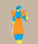 angry anthro athletic avian axentooth beak biceps bird blue_body blue_feathers breaking_glass breasts cleavage clothed clothing cocktail_glass container cup deep_cleavage dress drinking_glass feathers female glass glass_container glass_cup heterochromia hi_res holding_glass holding_object holding_weapon looking_at_viewer orange_clothing orange_dress servia_(axentooth) solo weapon 