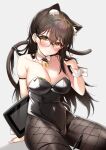  1girl animal_ear_fluff animal_ears bare_shoulders bell black_legwear breasts brown_hair cat_ears cat_girl cat_tail cleavage closed_mouth collarbone commentary_request detached_collar fishnet_legwear fishnets glasses grey_background hair_between_eyes hand_in_own_hair hecha_(01964237) highres jingle_bell large_breasts long_hair looking_at_viewer mole mole_under_eye neck_bell original pantyhose pen playboy_bunny simple_background sitting solo tail yellow_eyes 