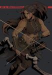 abs arrow_(projectile) artist_name belt bow_(weapon) bracer breasts brown_hair dark_skin earrings english_text fingerless_gloves gloves guttertongue holding holding_bow_(weapon) holding_weapon jewelry long_hair midriff muscular muscular_female orc original pointy_ears ponytail quiver tusks weapon yellow_eyes 