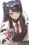  1girl alcohol bartender blush cup drinking_glass happy_birthday highres jill_stingray looking_at_viewer mugitarou necktie purple_hair red_eyes solo twintails twitter_username va-11_hall-a vest white_background wine wine_glass 
