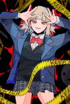  1girl arms_up bags_under_eyes bangs black_cardigan blazer blood blunt_bangs blush boku_no_hero_academia bow bowtie cardigan caution_tape collared_shirt evidence_markers fangs hair_down highres jacket keep_out long_sleeves messy_hair miniskirt plaid plaid_skirt red_bow red_bowtie school_uniform shirt short_hair skirt smile solo toga_himiko yellow_eyes yumei_(jigoku101) 