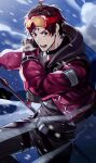  1boy absurdres ahoge belt cold facial_hair gloves goatee goggles goggles_on_head highres hood hood_down hooded_jacket idolmaster idolmaster_side-m jacket looking_at_viewer male_focus open_mouth red_eyes red_hair ryeon_(gs_oik) ski_pole snowing tendo_teru 