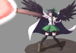  1girl absurdres arm_cannon asymmetrical_footwear bangs bird_wings black_hair black_legwear black_wings bow breasts brown_footwear cape collared_shirt commentary_request control_rod fire frilled_shirt_collar frilled_skirt frills full_body green_bow green_skirt grey_background hair_bow highres long_hair looking_afar medium_breasts mismatched_footwear o1118 open_mouth puffy_short_sleeves puffy_sleeves red_eyes reiuji_utsuho shirt shoes short_sleeves single_shoe skirt solo starry_sky_print thighhighs third_eye touhou weapon white_cape white_shirt wings 