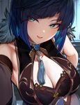  1girl absurdres bangs bare_arms blue_hair breasts cleavage cleavage_cutout clothing_cutout diagonal_bangs genshin_impact green_eyes highres looking_at_viewer marse_(rokudaime) mole mole_on_breast open_mouth smile solo unfinished upper_body yelan_(genshin_impact) 