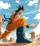  1boy absurdres artist_name black_hair blue_footwear boots clenched_hand closed_mouth dougi dragon_ball dragon_ball_z eegiiartto english_commentary fighting_stance highres looking_afar male_focus outdoors serious solo son_goku spiked_hair wristband 