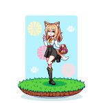 1girl :d animal_ears arknights basket black_footwear black_skirt boots bow bowtie brown_hair collared_shirt dog_ears dog_girl dog_tail flower grass green_eyes hair_between_eyes holding holding_basket leg_up long_hair long_sleeves open_mouth paw_print pink_flower pixel_art podenco_(arknights) shadow shirt simple_background skirt smile solo standing standing_on_one_leg tail thejunebug v white_background white_shirt yellow_bow yellow_bowtie yellow_flower 