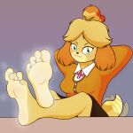  4_toes animal_crossing anthro canid canine canis clothed clothing domestic_dog feet female foot_fetish foot_focus fur hi_res isabelle_(animal_crossing) luvby mammal nintendo paws shih_tzu simple_background smelly smelly_feet soles solo toes toy_dog video_games yellow_body yellow_fur 
