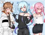  1other 3boys :d absurdres ambiguous_gender animal_ears ansel_(arknights) arknights bangs bison_(arknights) black_bra black_collar black_gloves black_shirt black_shorts blue_background blue_hair blush bra bra_removed bra_strap collar collarbone commentary_request covered_nipples cow_boy cow_ears cow_horns cowboy_shot crossdressing crossed_bangs doctor_(arknights) elbow_gloves floppy_ears flying_sweatdrops gloves hair_between_eyes hair_ornament half-closed_eyes highres holding holding_bra holding_clothes holding_underwear horns id_card jacket korean_commentary korean_text looking_at_viewer male_focus manggapaegtoli mizuki_(arknights) multicolored_hair multiple_boys off-shoulder_shirt off_shoulder open_clothes open_jacket open_mouth otoko_no_ko pink_eyes pink_hair purple_hair rabbit_boy rabbit_ears rabbit_tail red_eyes shirt short_hair short_hair_with_long_locks shorts simple_background smile sparkle_background strap_pull streaked_hair sweatdrop tail translation_request underwear v-shaped_eyebrows white_gloves white_jacket white_shirt 