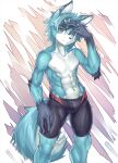  2018 anthro arm_markings athletic blue_body blue_eyes blue_fur blue_hair blue_nipples canid canine digital_media_(artwork) fox fur furrowed_brow genital_outline glistening gloves_(marking) hair hand_on_head hi_res kemono male mammal markings multicolored_body narrowed_eyes navel nayoshi744 nipples pose shoulder_markings solo spats toned_body two_tone_body two_tone_tail white_body white_fur 