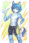  2018 anthro athletic blue_body blue_eyes blue_hair canid canine clothed clothing digital_media_(artwork) fox fur genital_outline gloves_(marking) hair hand_on_hip hi_res holding_object holding_towel kemono male mammal markings multicolored_body narrowed_eyes navel nayoshi744 nipples solo spats topless towel two_tone_body two_tone_tail water_bottle white_body white_fur 