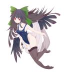 1girl absurdres bangs bird_wings black_legwear black_wings blue_swimsuit blush bow breasts brown_hair cape cleavage closed_mouth commentary_request covered_navel expressionless full_body green_bow hair_bow highres long_hair looking_at_viewer medium_breasts no_shoes one-piece_swimsuit red_eyes reiuji_utsuho shiny shiny_skin simple_background solar_flare_(bkjglt) solo swimsuit thighhighs touhou white_background white_cape wings 