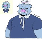  anthro belly big_belly blue_body blue_fur cheek_tuft ev_htf_(artist) facial_tuft fur half-closed_eyes half_body happy_tree_friends head_tuft male mammal narrowed_eyes overweight overweight_anthro overweight_male pig_nose sailor sailor_collar sailor_hat sailor_uniform simple_background solo suid suina sus_(pig) truffles_(htf) tuft tusks white_background wild_boar 