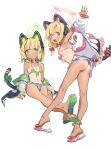  2girls arm_up armpits ass bikini blonde_hair blue_archive bow breasts cat_ear_headphones character_name from_behind full_body green_bikini green_bow green_eyes grey_shorts hair_bow halo headphones highres jacket looking_at_viewer micro_bikini midori_(blue_archive) momoi_(blue_archive) multiple_girls navel nemo_(leafnight) one-piece_tan open_mouth pink_bikini red_bow red_eyes sandals short_hair short_shorts shorts siblings simple_background sisters sitting small_breasts smile standing swimsuit symbol-only_commentary tail tan tanlines toes twins white_background white_jacket 