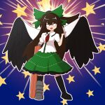  1girl arm_cannon asymmetrical_footwear bangs bird_wings black_legwear black_wings blush bow breasts brown_eyes brown_hair cape center_frills collared_shirt commentary_request control_rod frilled_shirt_collar frilled_skirt frills full_body green_bow green_skirt hair_bow highres kneehighs kunugi_oekaki long_hair looking_at_viewer medium_breasts mismatched_footwear open_mouth puffy_short_sleeves puffy_sleeves reiuji_utsuho shirt shoes short_sleeves single_shoe skirt solo star_(symbol) third_eye touhou weapon white_cape white_shirt wings 