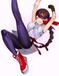  1girl absurdres braid breasts brown_eyes brown_hair closed_mouth dougi gloves headband highres long_hair looking_at_viewer one_eye_closed ryuuko_no_ken shoes simple_background single_braid smile sneakers sokuse_kienta solo spandex the_king_of_fighters white_background yuri_sakazaki 