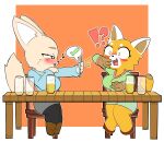  4_fingers absurd_res aggressive_retsuko ailurid alcohol anthro beer beverage blush breasts canid canine cellphone chair clothed clothing digital_media_(artwork) drinking duo female fennec fenneko fingers food footwear fox fur furniture half-closed_eyes hi_res holding_cellphone holding_object holding_phone holding_smartphone mammal narrowed_eyes onibi open_mouth phone red_panda retsuko sanrio shoes simple_background sitting smartphone smile table tongue topwear white_body white_fur 