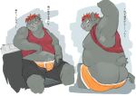  2022 anthro armpit_hair bodily_fluids body_hair bottomwear bulge butt clothing japanese_text kemono male mammal natsuhakoura one_eye_closed overweight overweight_male shirt shorts sitting solo suid suina sus_(pig) sweat text topwear underwear wild_boar 