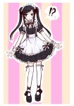  !? 1girl absurdres alternate_costume apron blush curtsey frilled_skirt frills highres jill_stingray karasuda_hidemi long_hair maid maid_apron maid_headdress shoes skirt solo speech_bubble striped striped_background thighhighs twintails va-11_hall-a white_legwear wrist_cuffs 