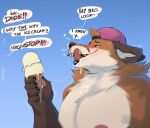  &lt;3 anthro bedroom_eyes blush bodily_fluids canid canine clothing dessert dialogue ears_down food fox hat hat_only headgear headgear_only headwear headwear_only hi_res ice_cream ice_cream_cone licking licking_lips male mammal minedoo moobs mostly_nude motion_lines narrowed_eyes neck_tuft nipples paws pivoted_ears saliva seductive simple_background solo speech_bubble sweat text tongue tongue_out tuft 
