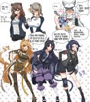  6+girls :o absinthe_(arknights) absurdres afterimage animal_ears arknights bear_ears bear_girl bear_tail bell black_footwear black_jacket black_shirt black_shorts blue_eyes blue_hair blue_jacket blush boots braid breast_grab breasts brown_footwear brown_hair brown_jacket cat_ears cat_girl cat_tail ceobe_(arknights) cowboy_shot dog_ears dog_tail facial_mark forehead_mark full_body grabbing green_eyes hands_on_hips headset highres hip_vent holding holding_bell implied_extra_ears jacket japanese_clothes jessica_(arknights) knee_pads korean_text lactation lactation_through_clothes large_breasts leopard_ears leopard_girl long_hair long_sleeves manggapaegtoli motion_lines multicolored_hair multiple_girls one_eye_closed open_clothes open_jacket pants paw_print pose pramanix_(arknights) purple_pants purple_shirt red_eyes rolling_eyes saga_(arknights) sandals shirt short_hair shorts side_braids simple_background single_knee_pad socks speech_bubble streaked_hair striped striped_shirt tail tail_wagging thigh_boots tiara translation_request white_background white_legwear white_shirt zima_(arknights) 