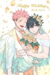  2boys bangs bare_shoulders black_hair blush bouquet bride carrying character_name collarbone commentary_request couple crossdressing dress dress_shirt earrings eyelashes facial_mark flower formal fushiguro_megumi green_eyes hair_between_eyes happy highres holding holding_bouquet husband_and_husband iinikukuiita itadori_yuuji jacket jewelry jujutsu_kaisen long_sleeves looking_at_viewer male_focus multiple_boys necktie off-shoulder_dress off_shoulder one_eye_closed open_mouth orange_eyes orange_flower orange_necktie orange_vest parted_lips petals pink_hair princess_carry ring shirt short_hair smile spiked_hair standing suit undercut vest white_dress yaoi yellow_jacket 