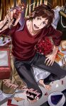  1boy absurdres ahoge aran_sweater barefoot cake cake_slice facial_hair flower food goatee happy_birthday highres idolmaster idolmaster_side-m looking_at_viewer love_letter male_focus on_bed open_mouth red_eyes red_hair rose ryeon_(gs_oik) sitting sitting_on_bed smile sweater tendo_teru 