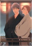  2boys :d bags_under_eyes black_kimono blue_hair blurry blurry_background border brown_eyes brown_hair brown_kimono cowboy_shot eye_contact fate/grand_order fate_(series) from_side grey_eyes hair_between_eyes hands_in_opposite_sleeves highres itokon300 japanese_clothes kimono lantern looking_at_another lower_teeth male_focus multiple_boys profile railing saitou_hajime_(fate) short_hair smile teeth yamanami_keisuke_(fate) yukata 