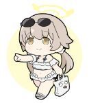  1girl bag bare_shoulders bikini blue_archive brown_eyes brown_hair chibi closed_mouth commentary_request eyewear_on_head halo hifumi_(blue_archive) hifumi_(swimsuit)_(blue_archive) holding holding_bag long_hair looking_away low_twintails navel nyaru_(nyaru_4126) outstretched_arm paper_bag peroro_(blue_archive) pointing sandals smile solo sunglasses swimsuit twintails two-tone_background very_long_hair white_background white_bikini white_footwear yellow_background 