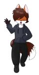  anthro boots brown_body brown_fur brown_hair canid canine clothed clothing ear_tuft ejaculation eyes_closed footwear fox fur furrio_esh_(pencil_bolt) hair hand_in_pocket hands-free hi_res jacket male mammal open_mouth pencil_bolt pockets red_body red_hair simple_background solo standing topwear tuft walking white_background 