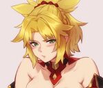  1girl bangs bare_shoulders blonde_hair blush braid breasts cleavage commentary detached_collar fate/apocrypha fate/grand_order fate_(series) feguimel green_eyes hair_ornament lips long_hair looking_at_viewer mordred_(fate) mordred_(fate/apocrypha) parted_lips ponytail red_scrunchie scrunchie shiny shiny_hair sidelocks simple_background solo upper_body 