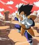  1boy absurdres artist_name black_eyes black_hair boots cliff dragon_ball dragon_ball_z eegiiartto fighting_stance gloves highres male_focus monkey_tail outdoors saiyan_armor smirk solo tail vegeta white_footwear white_gloves widow&#039;s_peak 