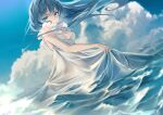  1girl bangs bare_shoulders breasts cloud didtldms0312 dress green_eyes green_hair hair_lift hatsune_miku highres holding holding_clothes holding_dress long_hair looking_at_viewer ocean sky sleeveless smile standing vocaloid waving white_dress 