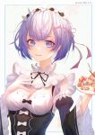  1girl absurdres akochan artist_name blue_eyes blue_hair breasts cleavage dated detached_sleeves food hair_ribbon hand_on_own_chest hands_up highres holding holding_plate looking_at_viewer maid maid_headdress medium_breasts open_mouth pink_ribbon plate re:zero_kara_hajimeru_isekai_seikatsu rem_(re:zero) ribbon roswaal_mansion_maid_uniform short_hair solo teeth upper_body upper_teeth 