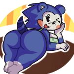  animal_crossing anthro apron beady_eyes big_breasts big_butt black_eyes blue_body blue_fur breasts butt clothing eulipotyphlan female fur hedgehog hi_res lewdewott looking_at_viewer lying mabel_able mammal nintendo on_front one_eye_closed open_mouth open_smile pattern_background rear_view resting_arm rosy_cheeks short_stack simple_background smile solo video_games white_background white_body white_fur wink 