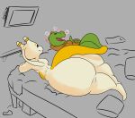  absurd_res anthro belly_lentel bellyboi13 big_butt butt duo hand_on_stomach hi_res kobold legendary_pok&eacute;mon lizard lying male mewtwo nintendo on_back on_front peach_(peachymewtwo) peachymewtwo pok&eacute;mon pok&eacute;mon_(species) reptile scalie simple_background video_games 