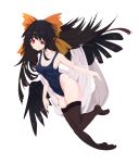  1girl absurdres bangs bird_wings black_hair black_legwear black_wings blue_swimsuit blush bow breasts cape cleavage closed_mouth commentary_request covered_navel expressionless full_body hair_bow highres long_hair looking_at_viewer medium_breasts no_shoes one-piece_swimsuit orange_bow red_eyes reiuji_utsuho shiny shiny_skin simple_background solar_flare_(bkjglt) solo swimsuit thighhighs touhou white_background white_cape wings 