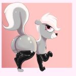 absurd_res anonymous_artist big_butt butt clothing female feral fur grey_body grey_fur hair hasbro hi_res huge_butt latex_clothing littlest_pet_shop mammal mephitid pepper_clark pink_eyes simple_background skunk smile solo white_hair 