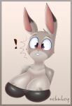  anthro big_breasts blush border breasts buckteeth bust_portrait cheek_tuft cleavage clothed clothing dipstick_ears disney exclamation_point facial_tuft female fur grey_background grey_border judy_hopps lagomorph leporid looking_at_self mammal multicolored_body multicolored_ears multicolored_fur nehmkey nipple_slip portrait purple_eyes rabbit simple_background solo teeth topwear tube_top tuft two_tone_body two_tone_fur wide_eyed zootopia 
