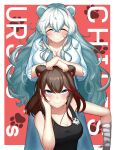  2girls :3 ^_^ absurdres animal_ears arknights arm_warmers bear_ears bear_girl black_tank_top blue_eyes blue_hair bra breasts brown_hair cleavage closed_eyes dress earbuds earphones facing_viewer hair_between_eyes head_rest highres large_breasts long_hair looking_at_viewer manggapaegtoli multicolored_hair multiple_girls outside_border paw_print paw_print_background red_background red_hair rosa_(arknights) simple_background small_breasts smile streaked_hair tank_top underwear very_long_hair wavy_hair white_bra white_dress white_hair zima_(arknights) 