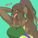  anthro ball bodily_fluids breasts brown_body brown_fur brown_hair canid canine canis clothed clothing digital_media_(artwork) female freckles fur hair hand_behind_head looking_at_viewer mammal open_mouth ponytail shu_mai551 simple_background solo sweat teeth tongue tongue_out volleyball_(ball) 
